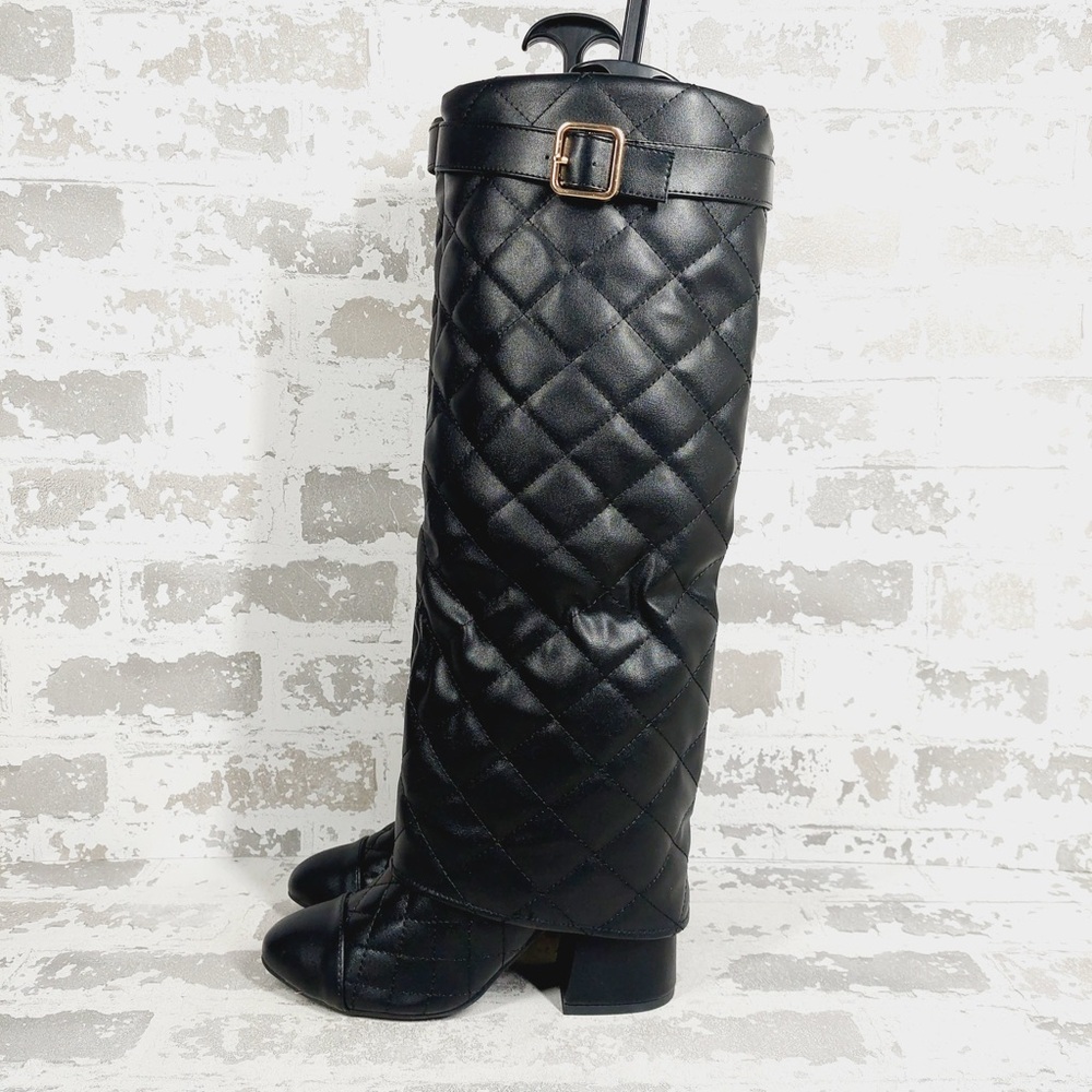 NEW Wild Diva Quilted Black Heeled Knee High Boots i653